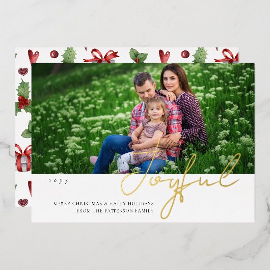 Joyful Kerstfamilie Foto modern script Folie Uitnodiging (Voorkant / Achterkant)