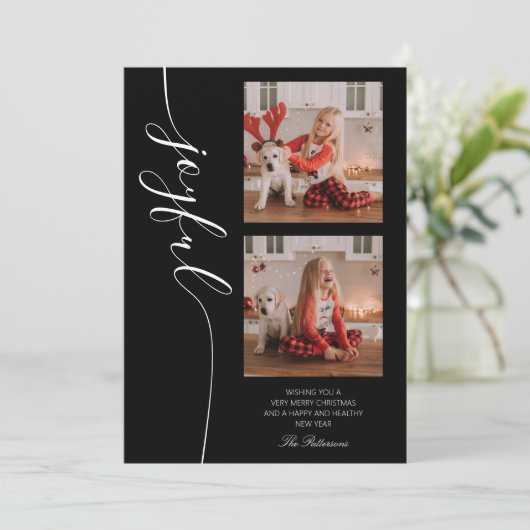 Joyful Kerstkalligraphy Script Photo Afbeelding Feestdagenkaart (Staand voorkant)