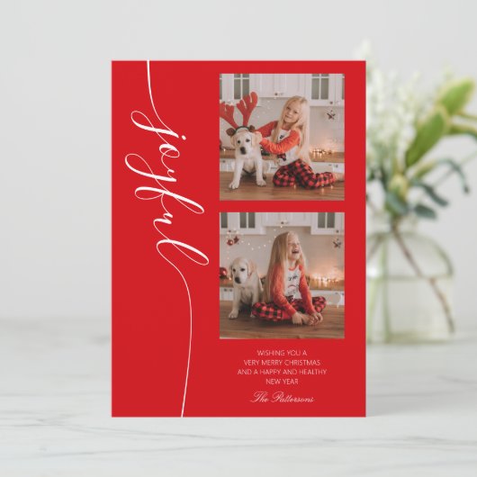 Joyful Kerstkalligraphy Script Photo Afbeelding Feestdagenkaart (Staand voorkant)