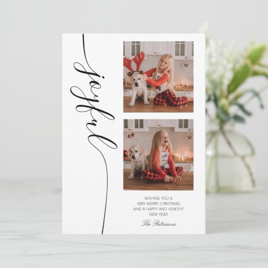 Joyful Kerstkalligraphy Script Photo Afbeelding Feestdagenkaart (Staand voorkant)