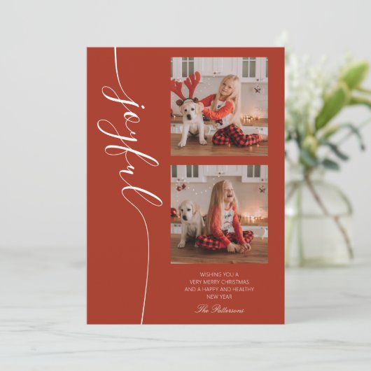 Joyful Kerstkalligraphy Script Photo Afbeelding Feestdagenkaart (Staand voorkant)