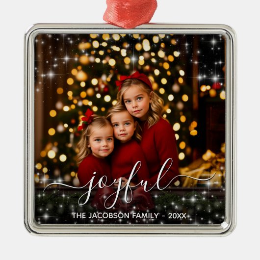Joyful Kerstmis Fun Sparkles Holiday Foto Metalen Ornament (Voorkant)