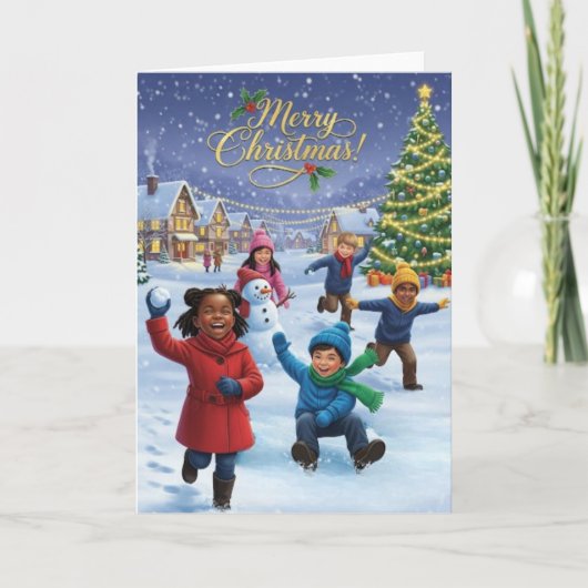 Joyful Kids Playing in the Snow – Merry Christmas Kaart (Voorkant)