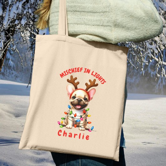 Joyful Lights Antlers Waterverf Franse Bulldog Tote Bag