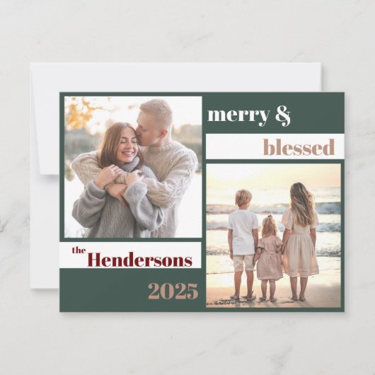 Joyful Merry Blessed Family Christmas Photo Green Feestdagenkaart (Voorkant)