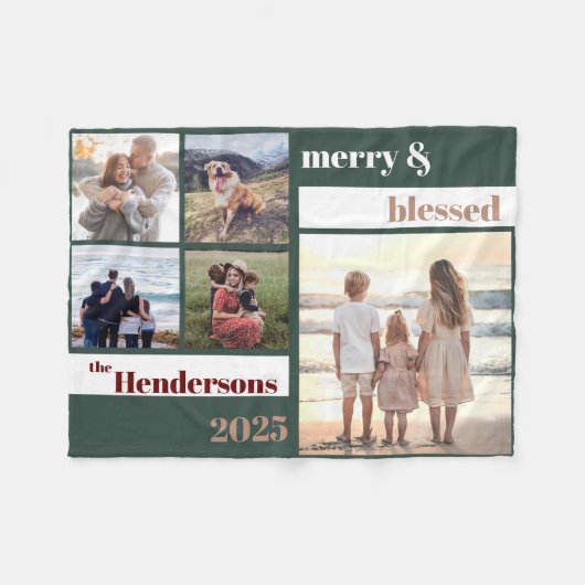 Joyful Merry Blessed Family Christmas Photo Green Fleece Deken (Voorkant (Horizontaal))