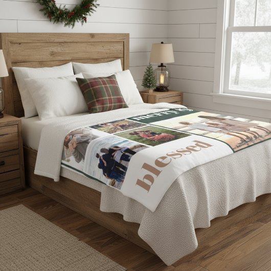 Joyful Merry Blessed Family Christmas Photo Green Fleece Deken