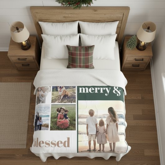 Joyful Merry Blessed Family Christmas Photo Green Fleece Deken