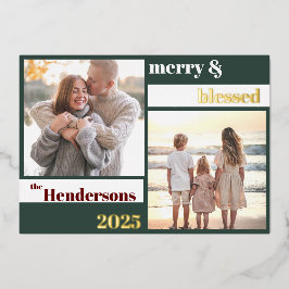 Joyful Merry Blessed Family Christmas Photo Green Folie Feestdagenkaart