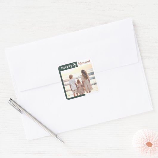 Joyful Merry Blessed Family Christmas Photo Green Vierkante Sticker (Envelop)