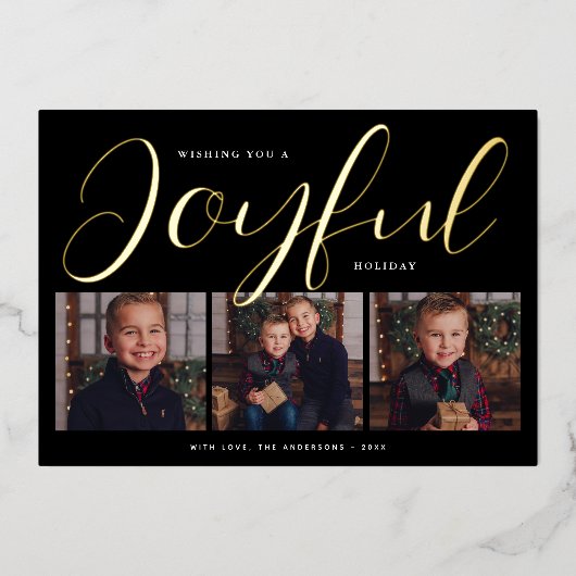 Joyful Modern Black and Gold Script Photo Collage Folie Feestdagenkaart (Voorkant)