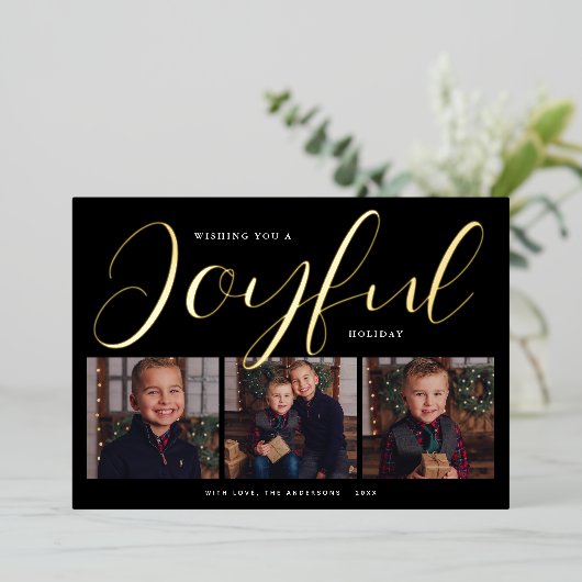 Joyful Modern Black and Gold Script Photo Collage Folie Feestdagenkaart (Staand Voorkant)