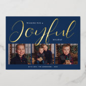 Joyful Modern Blue and Gold Script Photo Collage Folie Feestdagenkaart (Voorkant)