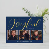 Joyful Modern Blue and Gold Script Photo Collage Folie Feestdagenkaart (Staand Voorkant)