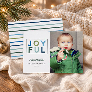 Joyful Modern Blue Green Lettering Foto Feestdagenkaart