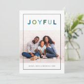 Joyful Modern Blue Green Lettering Foto Feestdagenkaart (Staand voorkant)