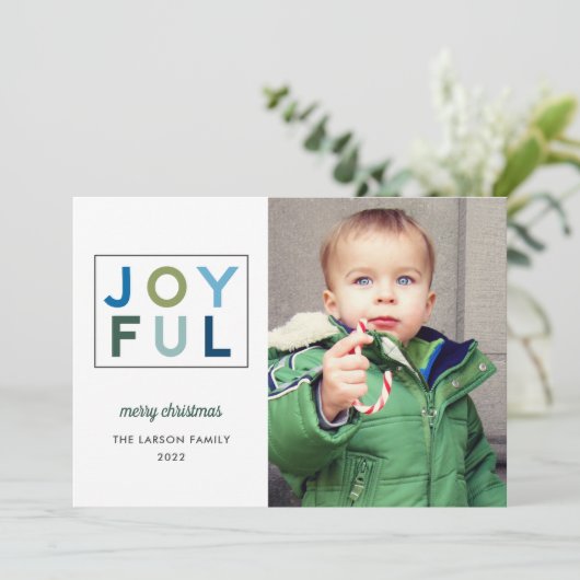 Joyful Modern Blue Green Lettering Foto Feestdagenkaart (Staand voorkant)