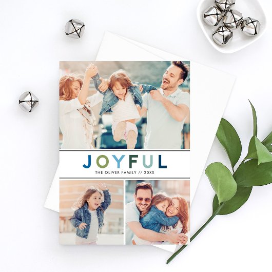 Joyful Modern Blue Lettering Photo Collage Feestdagenkaart