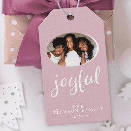 Joyful Modern Blush Pink Kerstfeestdag Foto Cadeaulabel