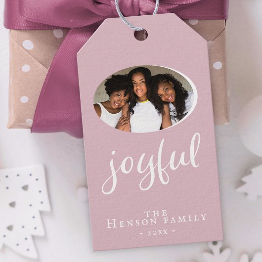 Joyful Modern Blush Pink Kerstfeestdag Foto Cadeaulabel