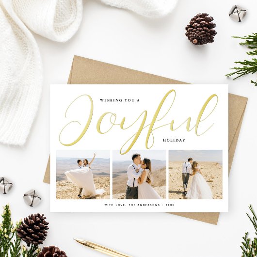 Joyful Modern Gold Script Photo Collage Folie Feestdagenkaart