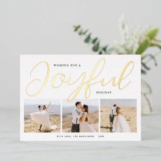 Joyful Modern Gold Script Photo Collage Folie Feestdagenkaart (Staand Voorkant)