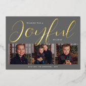 Joyful Modern Gray and Gold Script Photo Collage Folie Feestdagenkaart (Voorkant)