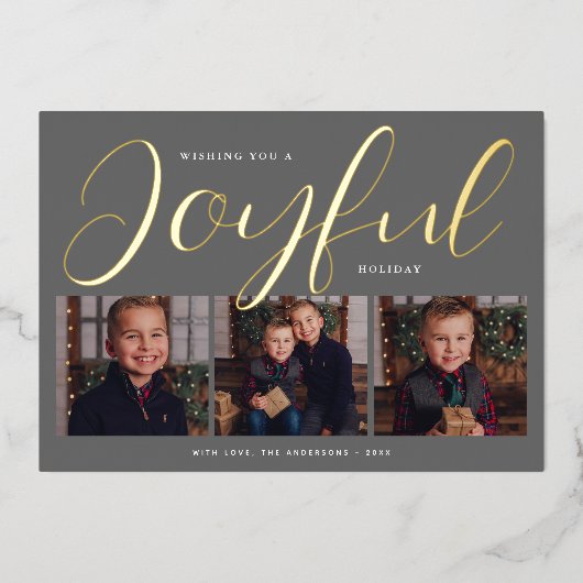 Joyful Modern Gray and Gold Script Photo Collage Folie Feestdagenkaart (Voorkant)