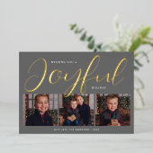 Joyful Modern Gray and Gold Script Photo Collage Folie Feestdagenkaart (Staand Voorkant)