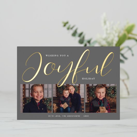 Joyful Modern Gray and Gold Script Photo Collage Folie Feestdagenkaart (Staand Voorkant)