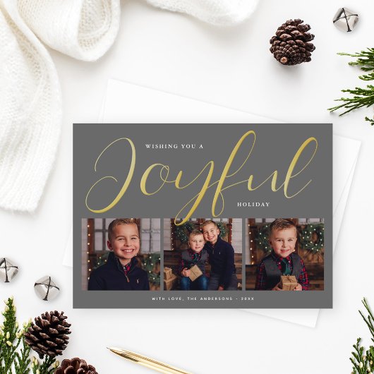 Joyful Modern Gray and Gold Script Photo Collage Folie Feestdagenkaart