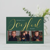 Joyful Modern Green and Gold Script Photo Collage Folie Feestdagenkaart (Staand Voorkant)
