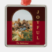 Joyful Modern Minimalist Arch Photo Red Kerstmis Metalen Ornament (Voorkant)