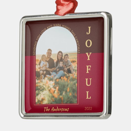 Joyful Modern Minimalist Arch Photo Red Kerstmis Metalen Ornament (Links)