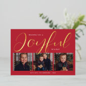 Joyful Modern Red and Gold Script Photo Collage Folie Feestdagenkaart (Staand Voorkant)