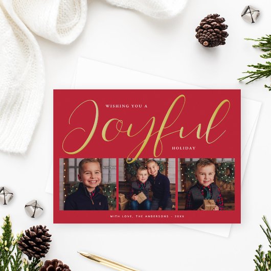 Joyful Modern Red and Gold Script Photo Collage Folie Feestdagenkaart