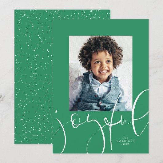 Joyful modern script één foto groen kerstfeest feestdagenkaart (Voorkant / Achterkant)