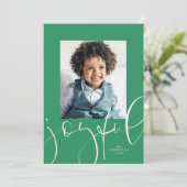 Joyful modern script één foto groen kerstfeest feestdagenkaart (Staand voorkant)