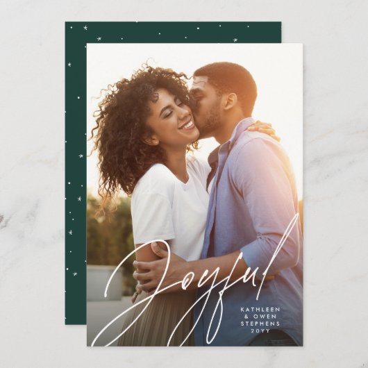 Joyful modern script één foto groen kerstfeest feestdagenkaart (Voorkant / Achterkant)