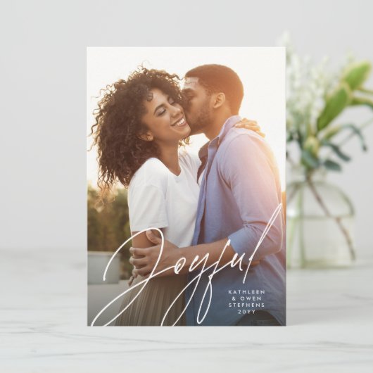 Joyful modern script één foto groen kerstfeest feestdagenkaart (Staand voorkant)