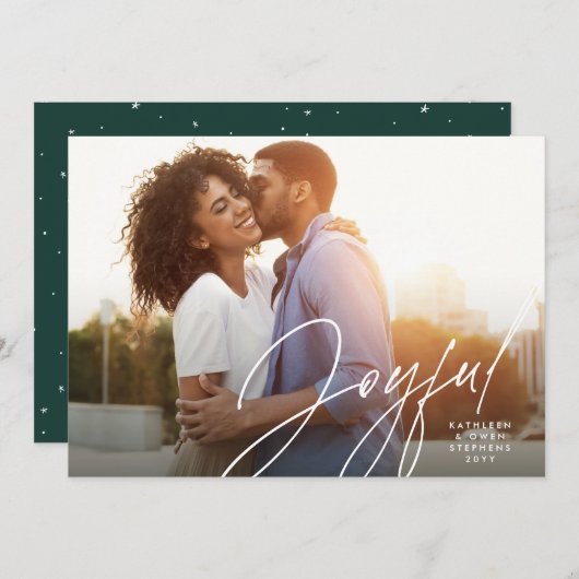 Joyful modern script één foto groen kerstfeest feestdagenkaart (Voorkant / Achterkant)
