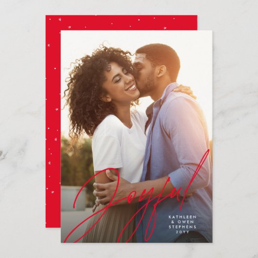Joyful modern script één foto rood kerstfeest feestdagenkaart (Voorkant / Achterkant)