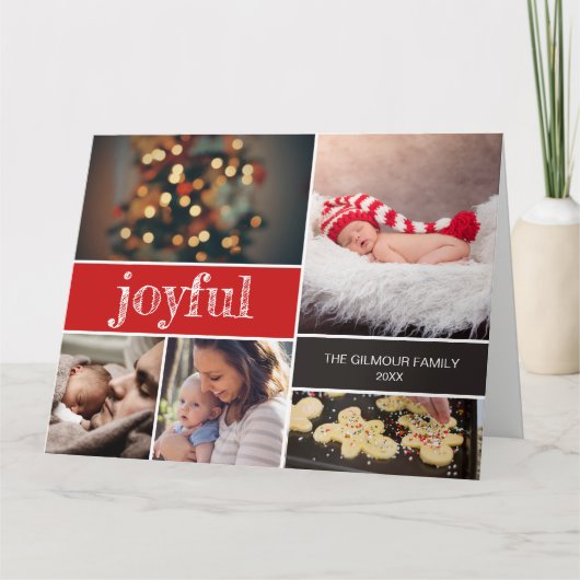 Joyful Modern Script Red Kerstfotocollage Kaart (Voorkant)