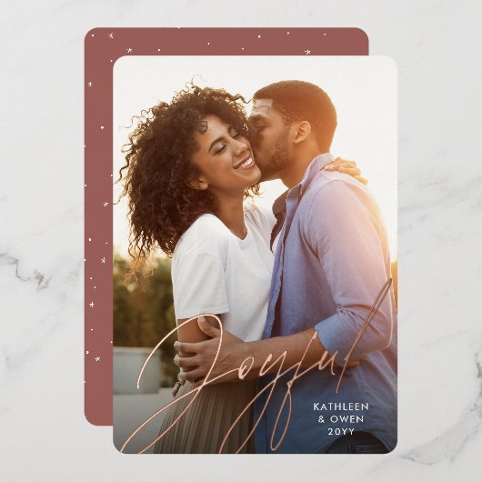 Joyful modern script roos gouden kerstfoto folie feestdagenkaart (Voorkant / Achterkant)