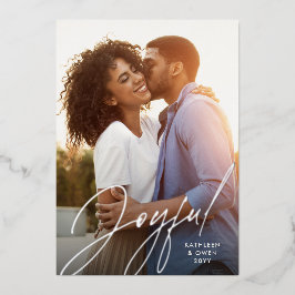 Joyful modern script zilveren marvy kerstfoto folie feestdagenkaart