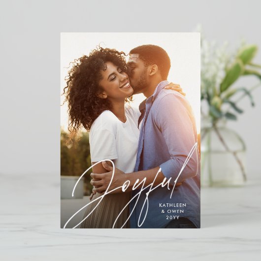 Joyful modern script zilveren marvy kerstfoto folie feestdagenkaart (Staand Voorkant)