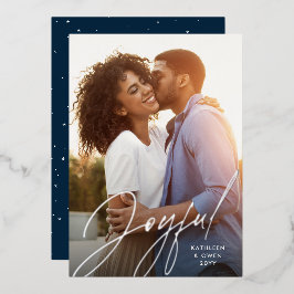 Joyful modern script zilveren marvy kerstfoto folie feestdagenkaart