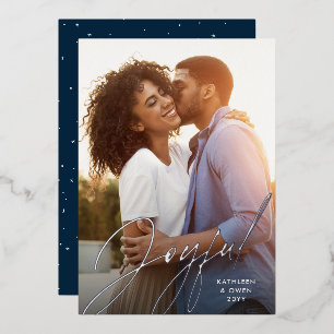 Joyful modern script zilveren marvy kerstfoto folie feestdagenkaart