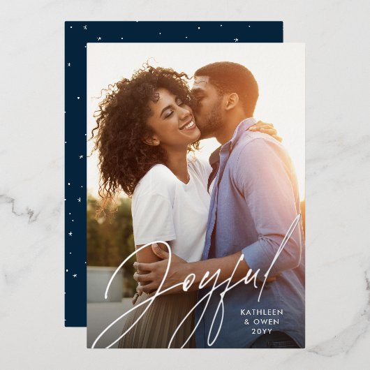 Joyful modern script zilveren marvy kerstfoto folie feestdagenkaart (Voorkant / Achterkant)