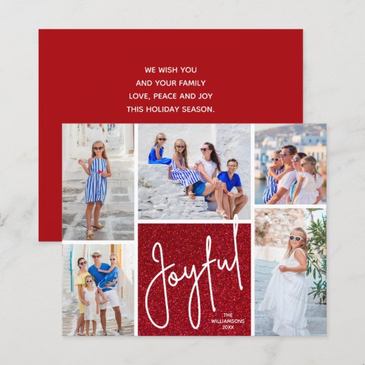 JOYFUL Multi Photo Budget Red Holiday Cards (Voorkant / Achterkant)
